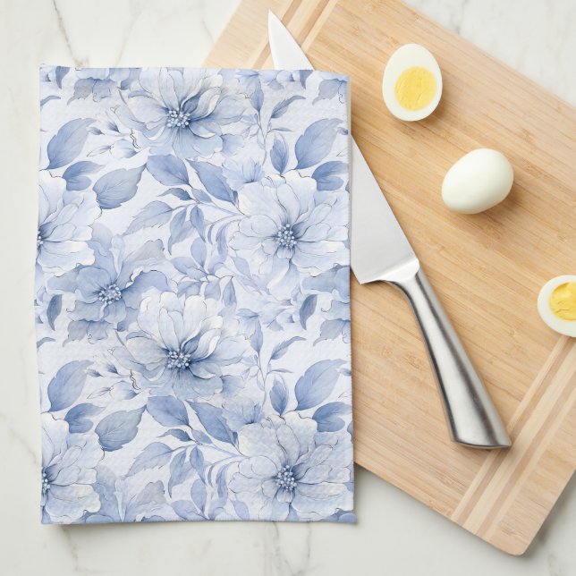 Modern Blue Watercolor Floral Pattern Tea Towel (Quarter Fold)
