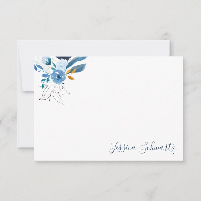 Modern Blue Watercolor Floral Personalised Name Card (Front)