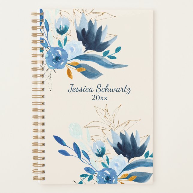 Modern Blue Watercolor Floral Personalised Planner (Front)
