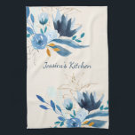 Modern Blue Watercolor Floral Personalised Tea Towel<br><div class="desc">Beautiful and stylish watercolor flower painting in blue and gold,  personalised with your name.</div>