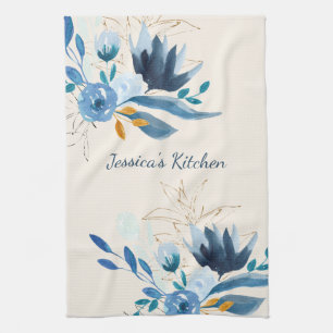 Modern Blue Watercolor Floral Personalised Tea Towel