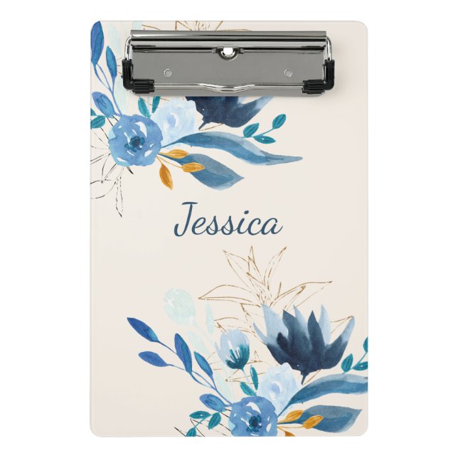 Modern Blue Watercolor Florals Personalised Name Mini Clipboard (Front)