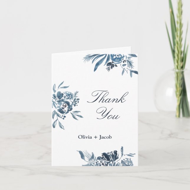 Modern Blue Watercolor Flower Wedding Thank You (Front)