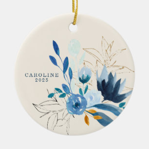 Modern Blue Watercolor Flowers Personalised 2022 Ceramic Tree Decoration