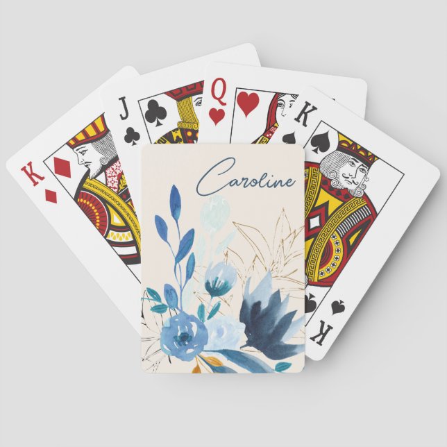 Modern Blue Watercolor Flowers Personalised Name Playing Cards (Back)