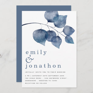 Modern Blue Watercolor Foliage Wedding Invitation