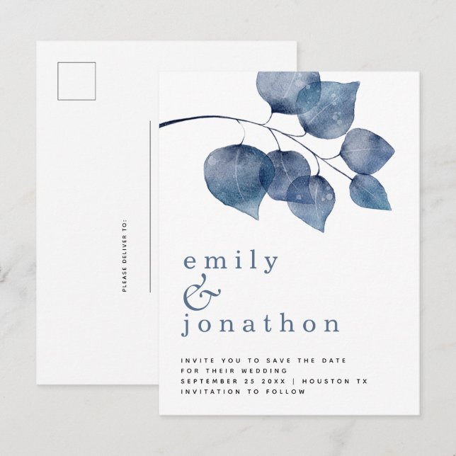 Modern Blue Watercolor Foliage Wedding Save Date Announcement Postcard (Front/Back)