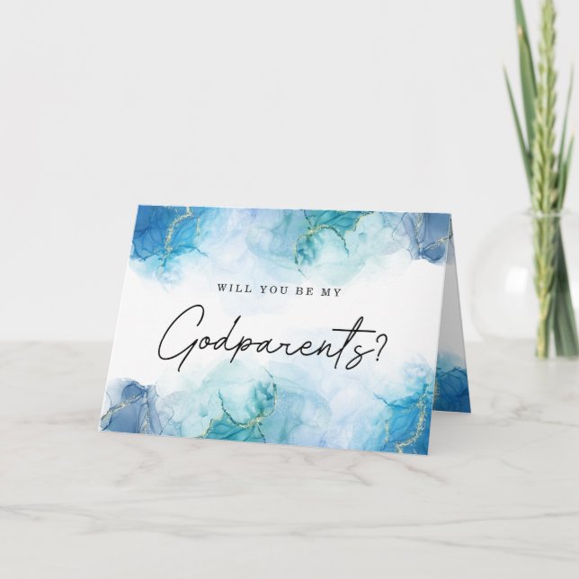 Modern Blue Watercolor Godparents Proposal Card (Front)