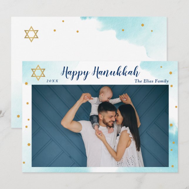 Modern Blue Watercolor Gold Happy Hanukkah Photo Holiday Card (Front/Back)