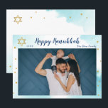 Modern Blue Watercolor Gold Happy Hanukkah Photo Holiday Card<br><div class="desc">Modern Blue Watercolor Gold Happy Hanukkah Photo Holiday Card</div>