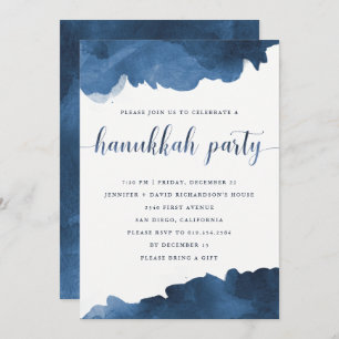 Modern Blue Watercolor Hanukkah Party Invitation