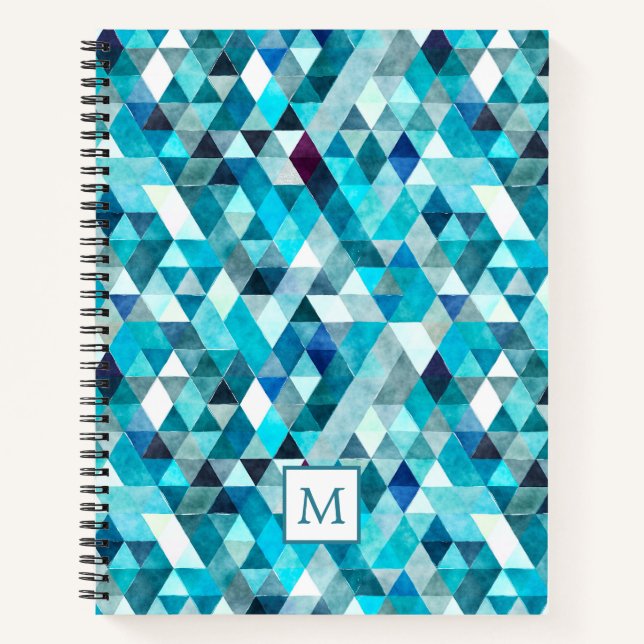 Modern Blue Watercolor Mosaic Pattern Monogram Notebook (Front)