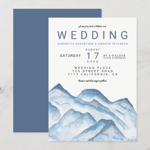 Modern blue watercolor mountains wedding invitation