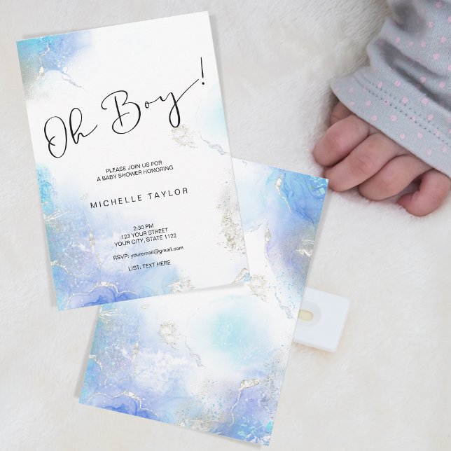 Modern blue watercolor oh boy baby shower invitation (Creator Uploaded)
