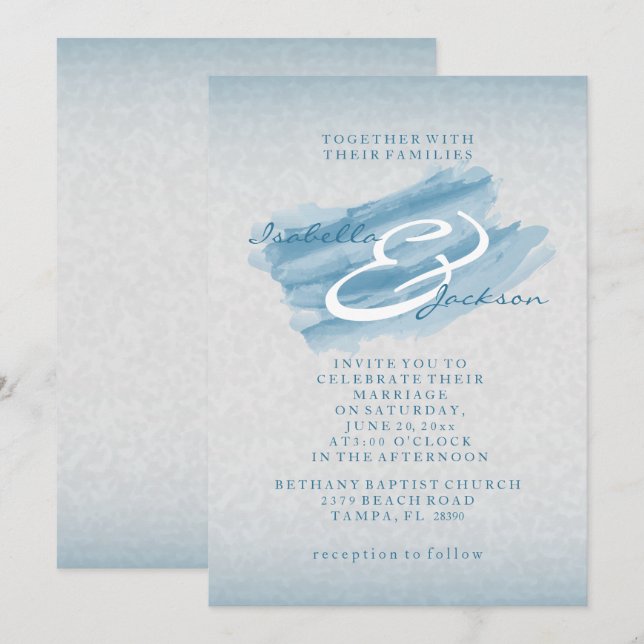 Modern Blue Watercolor Splash Wedding Style Invitation (Front/Back)