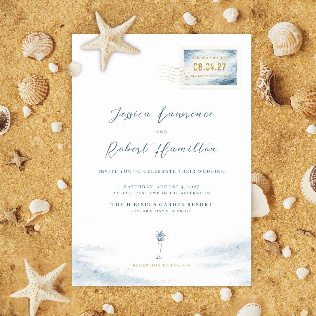 Modern Blue Watercolor Stamp Wedding Invitation (Destination Ocean Wedding Invitation and Details Card)