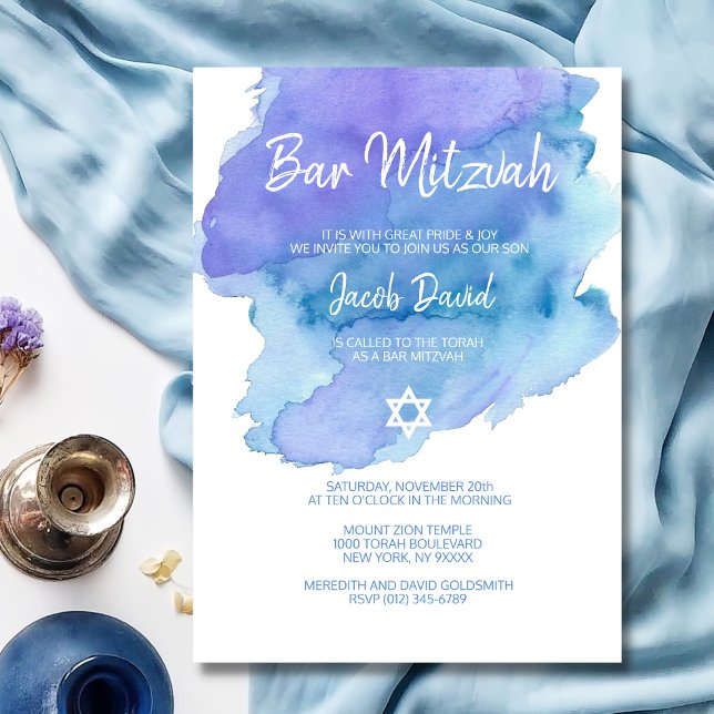 Modern Blue Watercolor Star of David BAR MITZVAH Invitation (Creator Uploaded)