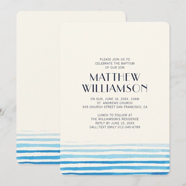 Modern Blue Watercolor Stripes Baptism Invitation (Front/Back)