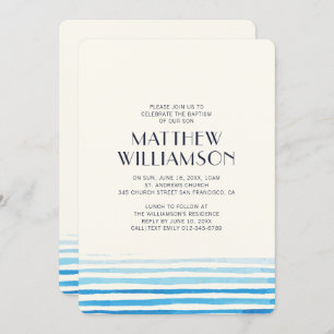 Modern Blue Watercolor Stripes Baptism Invitation
