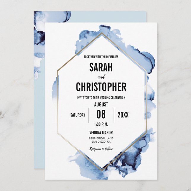Modern Blue Watercolor with Gold Frame Invitation (Front/Back)