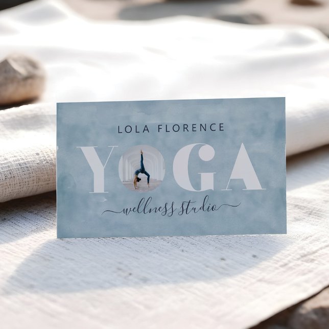 Modern Blue Watercolor YOGA Overlay Custom Photo Business Card (Modern Blue Watercolor YOGA Overlay Custom Photo Business Card)