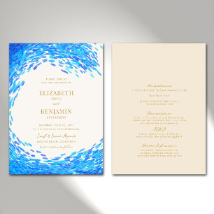 Modern Blue Wave Gold Surfer All in One Wedding Invitation