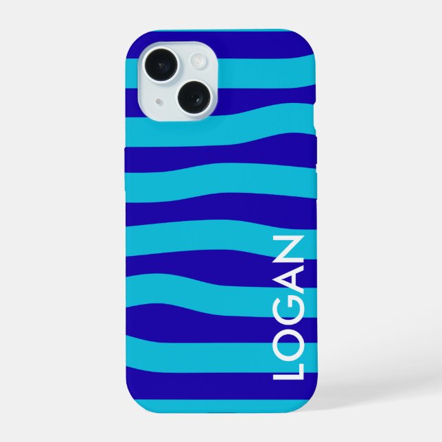 Modern Blue Wave Stripe with Custom Name iPhone 15 Case (Back)