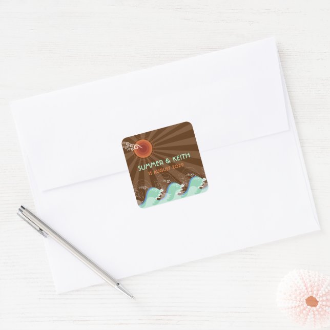 Modern Blue Waves Brown Sun Summer Beach Wedding Square Sticker (Envelope)