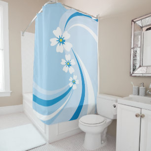 Modern Blue Waves with Sakura Flowers Shower Curtain