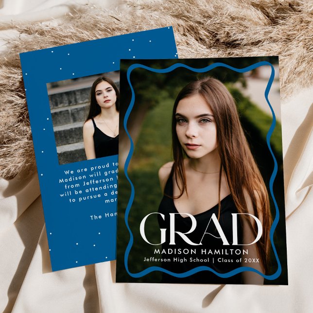 Modern Blue Wavy Frame Grad 2 Photo Graduation Announcement (Creator Uploaded)