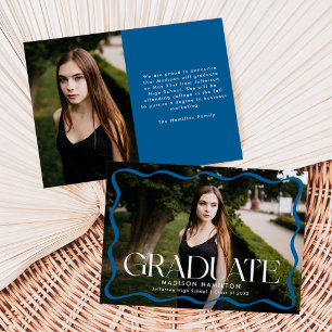 Modern Blue Wavy Frame Graduate Photo Graduation Announcement