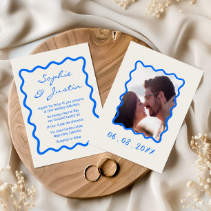 Modern Blue Wavy Frame Photo Wedding Invitation