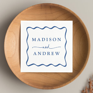 Modern Blue Wavy Frame Wedding Napkin