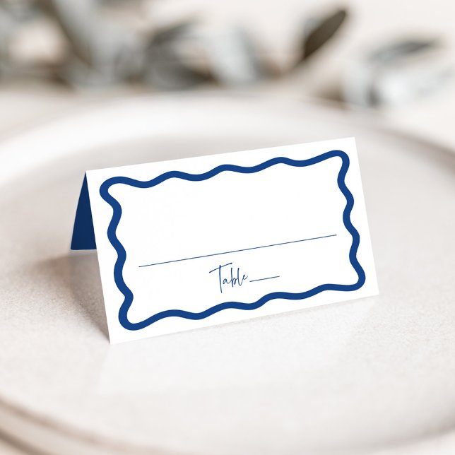 Modern Blue Wavy Frame Wedding Place Card (Creator Uploaded)
