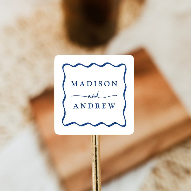 Modern Blue Wavy Frame Wedding Square Sticker (Creator Uploaded)