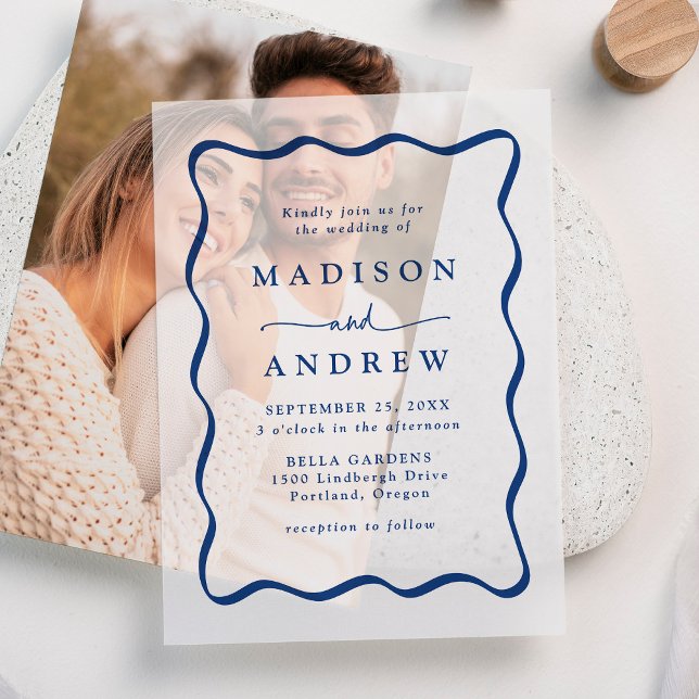 Modern Blue Wavy Frame Wedding Vellum Invitations (Creator Uploaded)