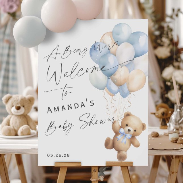 Modern Blue We Can Bealy Wait Boy Welcome Sign (Blue baby boy Shower We can bearly wait- welcome sign.)