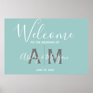 Modern Blue Wedding Couples Monogram  Welcome Poster