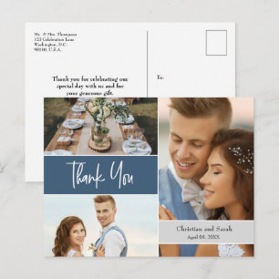Modern Blue Wedding Photo collage Thank you Postcard