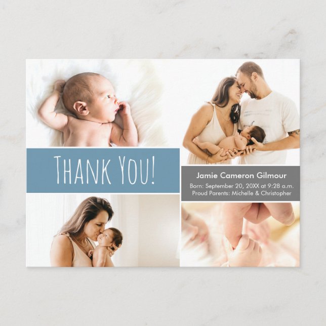 Modern Blue Welcome Home Baby boy Photo Collage Announcement Postcard (Front)