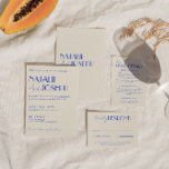 Modern Blue Whimsical French Retro Boho Wedding  Invitation<br><div class="desc">This wedding invitation is perfect for your wedding if you looking for unique and easy editable design .An elegant unique simple minimalist cream wedding template invitation. Which features plain creamy background. And blue elegant bride's and groom's first names in Parisian font. and editable info with names also in the in...</div>