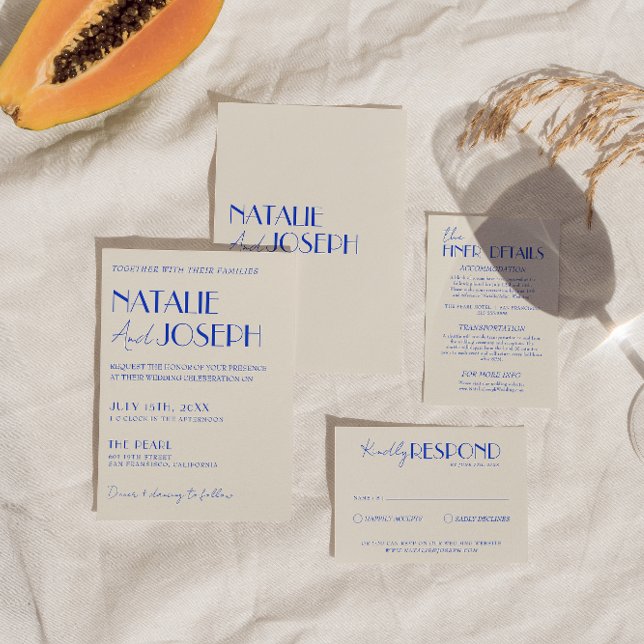 Modern Blue Whimsical French Retro Boho Wedding  Invitation (Creator Uploaded)