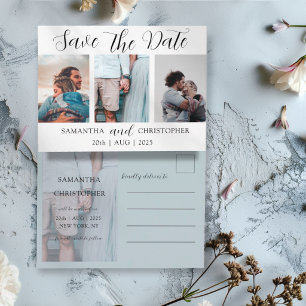 Modern Blue & White 3 Photo Save the Date Announcement Postcard