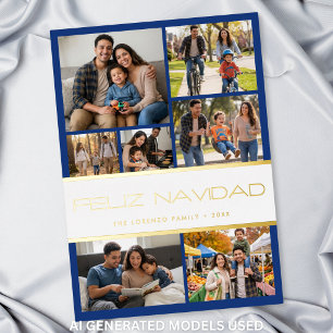 Modern Blue White 7 Photo Collage Feliz Navidad Foil Holiday Card