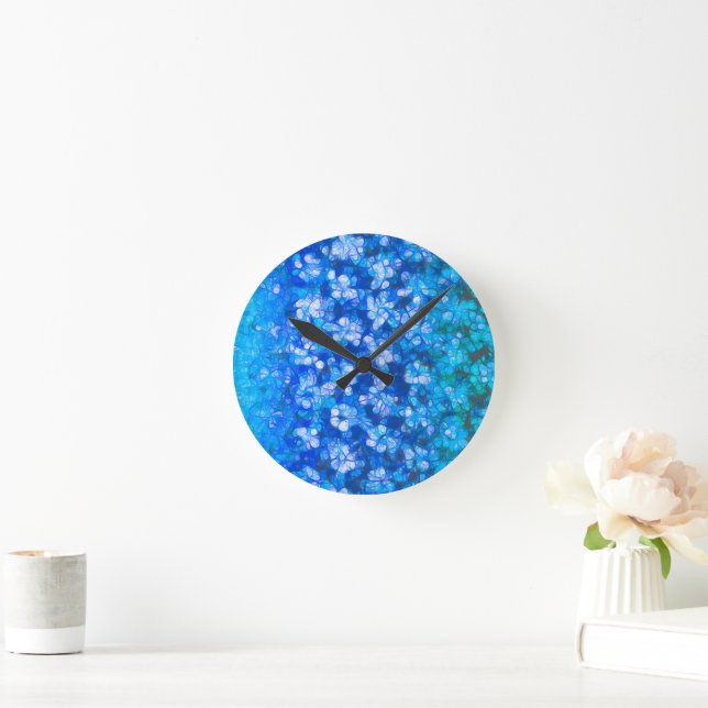 Modern Blue White Abstract Watercolor Flowers Round Clock (Home)