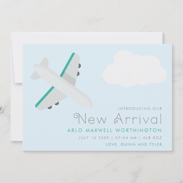 Modern Blue & White Aeroplane Baby Boy Birth Announcement (Front)