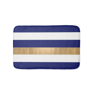 Modern Blue White and Gold Striped Bath Mat