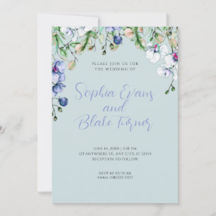 Modern Blue, White and Green Floral Blue Wedding Invitation