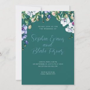 Modern Blue, White and Green Floral Green Wedding Invitation