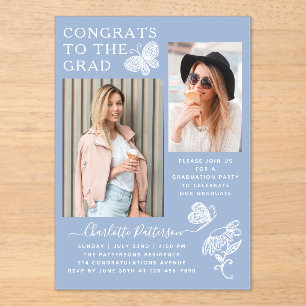 Modern Blue White Butterfly Photo Graduation Party Acrylic Invitations